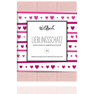 Rosafarbene Schokolade mit Himbeergeschmack und dem Spruch "Lieblingsschatz" von Wildbach
