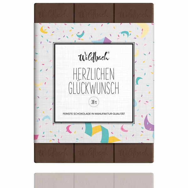 Vollmilch Schokolade Herzlichen Glückwunschvon Wildbach. Schokolade zum Geburtstag aber auch zur Scheidung.