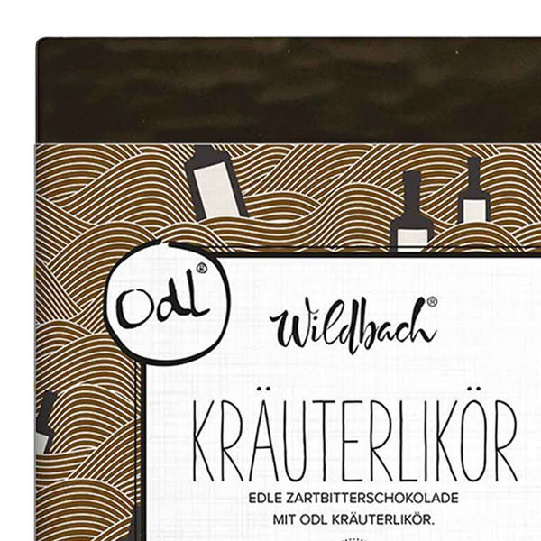 Kräuterlikör, Zartbitterschokolade 62%, 70g. ,Wildbach