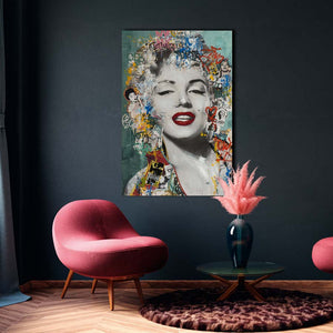 Das farbenfroge Acrylbild zeigt eine Schauspielerin aus den 50ger Jahren. Die Stilikone trägt einen glitzernden roten Lippenstift. Das Acrybild ist im Popart Style von der Firma ImageLand