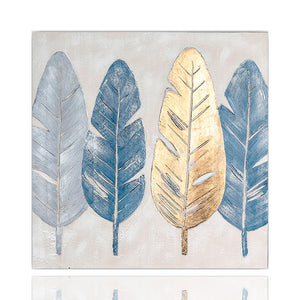 Diese vier Federn auf dem gemälde sind in blau und gold farblich perfekt aufeinander abgestimmt. Gönne Dir dieses wunderschöne Gemälde mit den 4 Federn.