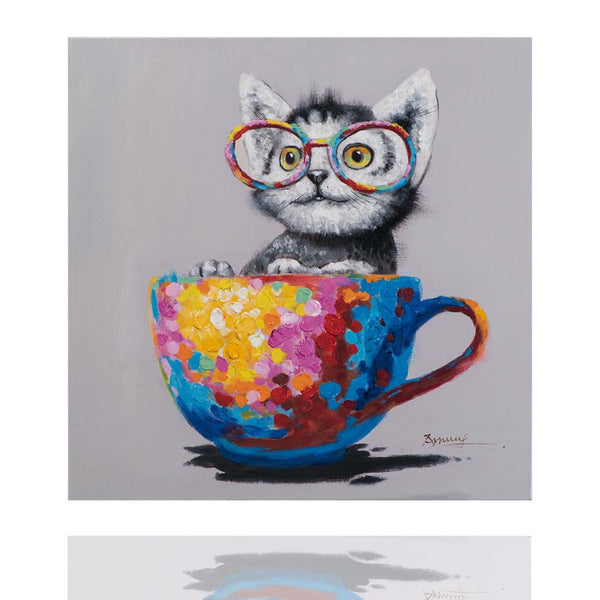 Katze  in bunter Tasse, Acrylgemälde 60 x  60 cm,  Imageland