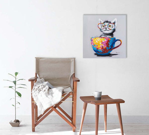 Katze  in bunter Tasse, Acrylgemälde 60 x  60 cm,  Imageland