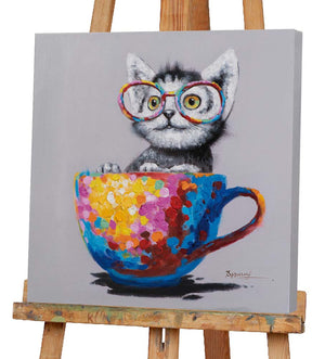 Katze  in bunter Tasse, Acrylgemälde 60 x  60 cm,  Imageland