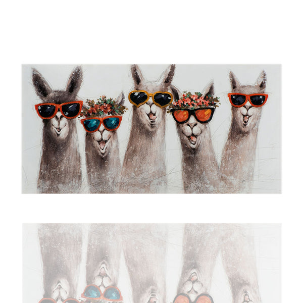 Acrylgemälde Lamas mit Sonnenbrille und farbigen Blütenkränzen