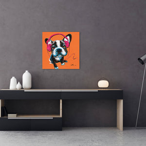 Buntes Acrylbild mit einer französischen Bulldogge und Kopfhörer. ideal für das Kinderzimmer , Musikzimmer oder Tonstudio.