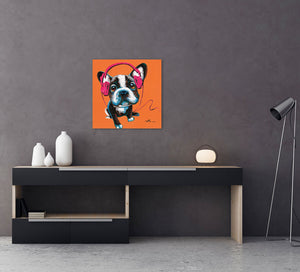 Buntes Acrylbild mit einer französischen Bulldogge und Kopfhörer. ideal für das Kinderzimmer , Musikzimmer oder Tonstudio.
