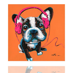 DJ Frenchie, französische Bulldogge mit Kopfhörer in schrillen Farben auf einer Leinwand.
