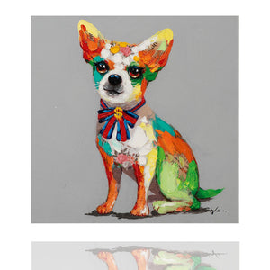 Der Rassehund Chihuahua ist bei Familien sehr beliebt. Dieser Kurzhaar Chihuahua mit Schleife wurde perfekt von ImageLand in Szene gesetzt. Ein wunderschönes buntes Acrylbild.
