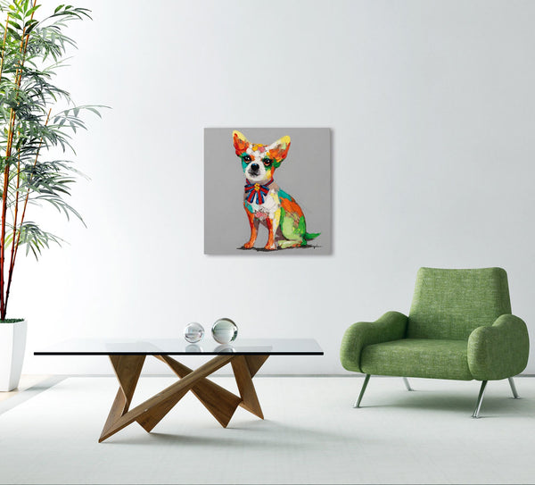 Bunter Chihuahua mit Schleife, Acrylgemälde 50 x  50 cm,  Imageland