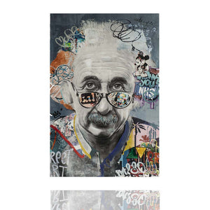 Brillanter Physiker mit bunter Brille im Popart Stil. Der Physiker trägt ein buntes Shirt. Oben am Bildrand befindet sich eine Formel.  Genie und Wahnsinn wurde hier gut interpretiert.