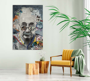 Ein Professor auf farbigen Hintergrund. Der Professor trägt eine bunte Brille und ihm stehen die Haare zu Berge. Acrylbild