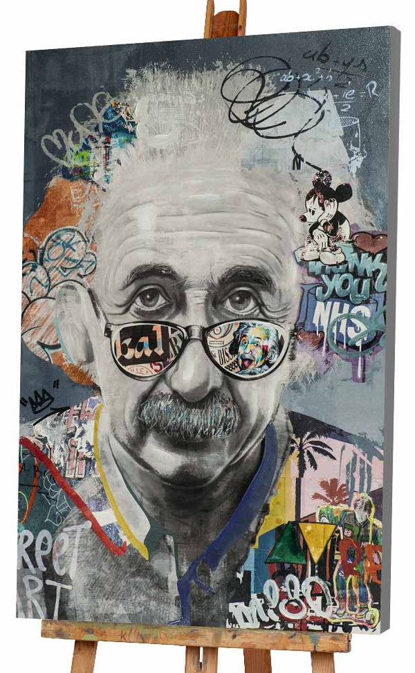 Das bunte Acrylbild zeigt einen bekannten Professor. Das Acrylbild im Graffitistyle steht auf einer Staffelei. 
