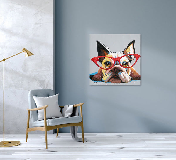 Hund Deutscher Boxerwelpe mit roter Brille, Acrylbild 70 x 70 cm, Imageland