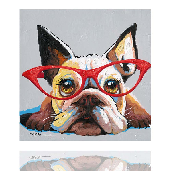 Hund Deutscher Boxerwelpe mit roter Brille, Acrylbild 70 x 70 cm, Imageland