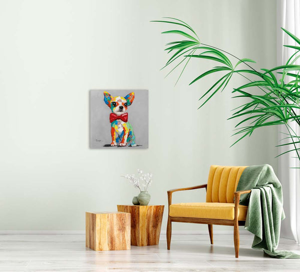 Bunter Chihuahua mit Fliege, Acrylgemälde  50 x  50 cm,  Imageland