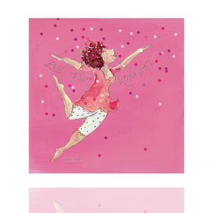 Eine Tänzerin die über dem Boden schwebt und ringsum ist Konfetti. Das  Holzbild von Karin Tauer ist sehr beliebt.