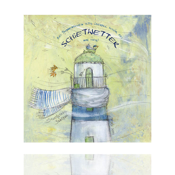 Wer hat den schon einmal einen Leuchtturm mit einem Schal um gesehen. Dieses Holzbild mit der Aufschrift "Schiet Wetter" von Karin Tauer kann passender nicht sein.