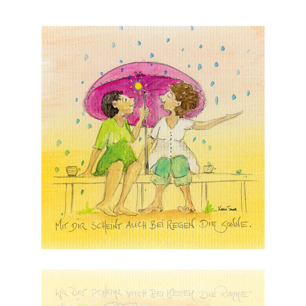 Mit Dir scheint auch bei Regen die Sonne. Das schöne Holzbild mit dem passenden Spruch regt zum schmunzeln an. Gerne wird das farbenfrohe Holzbild von Freundin zu Freundin verschenkt