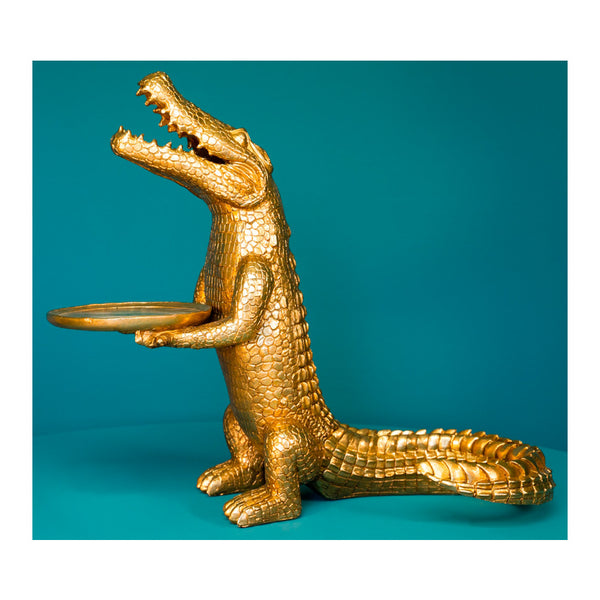 Dekofigur goldenes, stehendes Krokodil Morty mit Tablett, Werner Voss